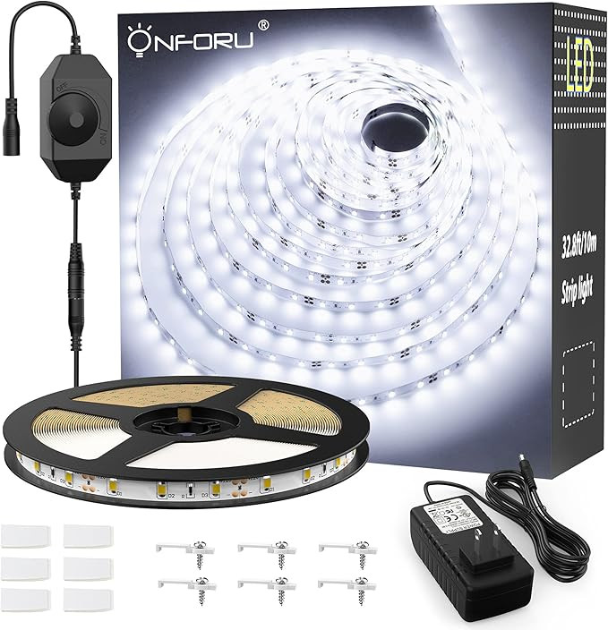 Onforu White LED Strip Lights, 32.8ft Super Bright Dimmable Tape Light Kit with Control Box, 600 ... | Amazon (US)