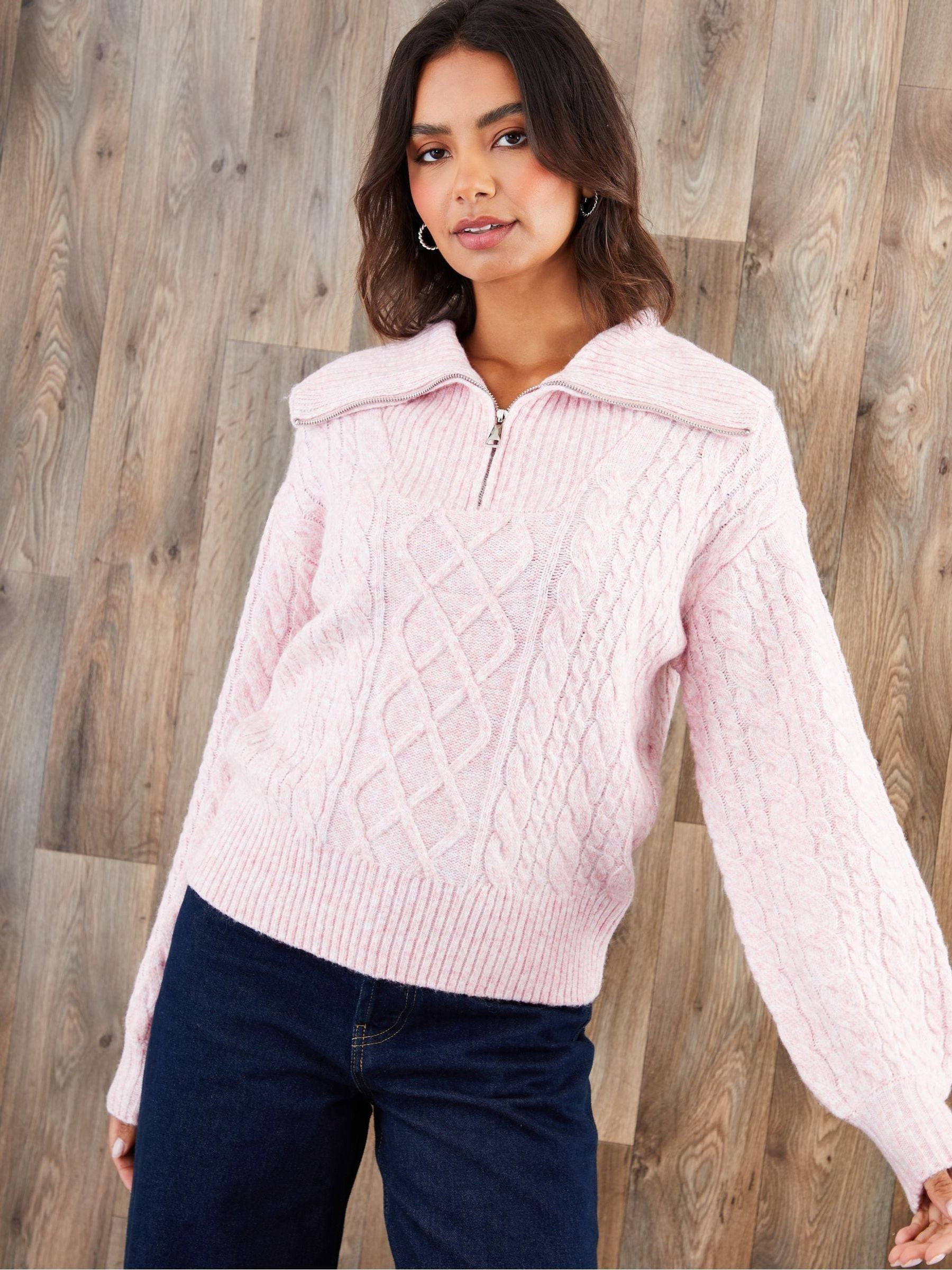 Threadbare Threadbare Pink Cable Knit Quarter Zip Jumper | Next US