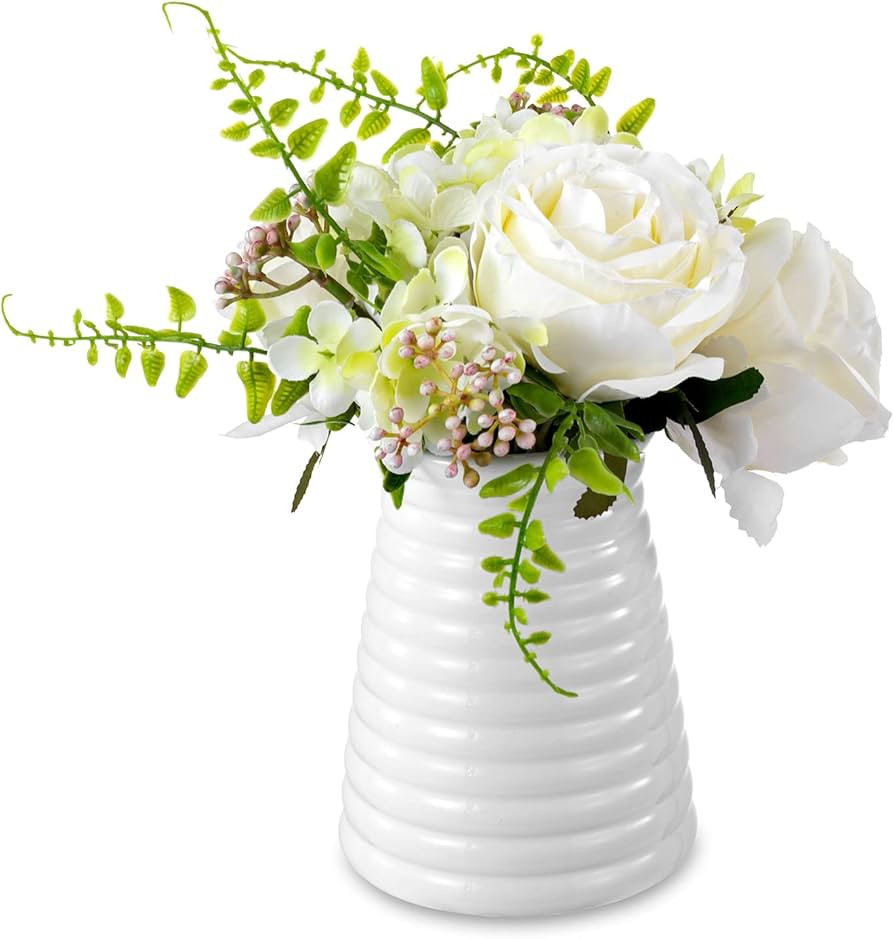 MyGift Modern White Ceramic Flower Vase, Ribbed Design Tabletop Small Vase Decor | Amazon (US)