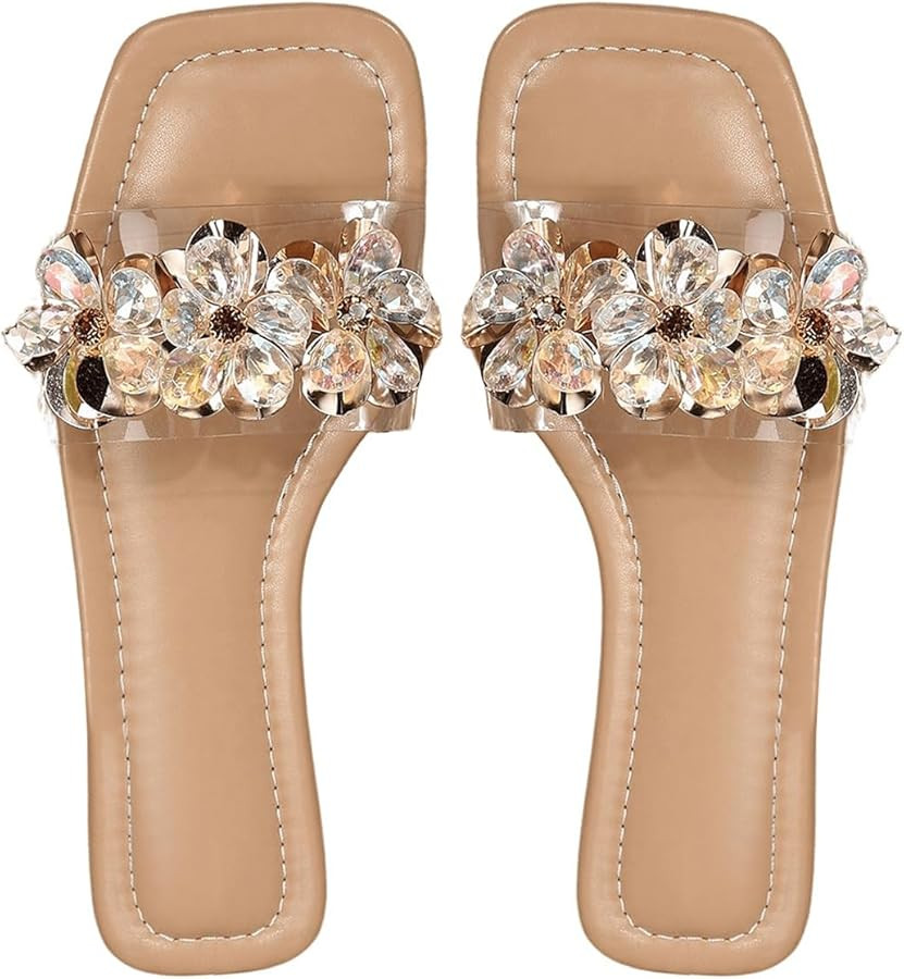 OYOANGLE Women's Rhinestone Flower Decor Clear Strap Sandals Square Toe Flat Sandals | Amazon (US)