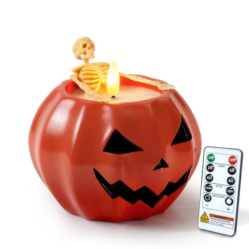Homemory Halloween Flameless Pumpkin Candles, LED Real Wax Pumpkin Lamp with Skeleton, Flickering Battery Operated Candles with Remote for Home Halloween Decor, Theme Party, Holiday Gift, Orange | Amazon (US)