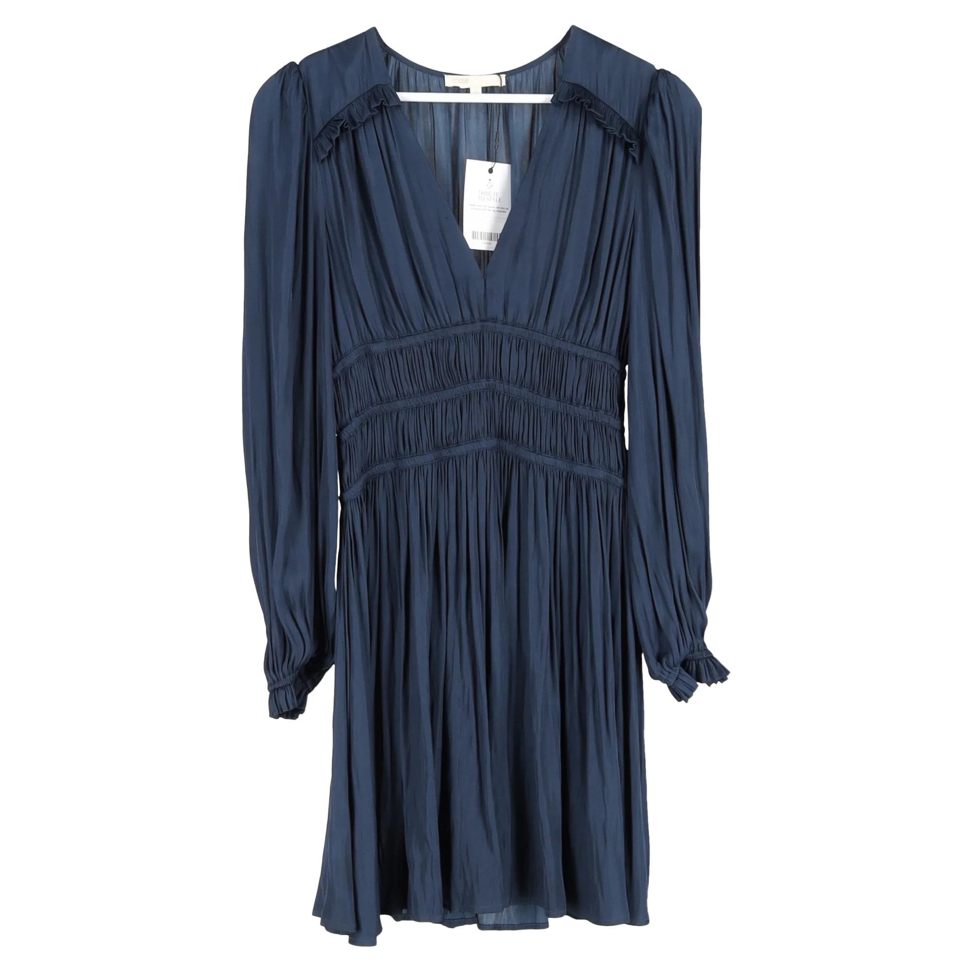 Maje Ruffled Satin Mini Dress in Navy Blue Polyester | Shop Simon