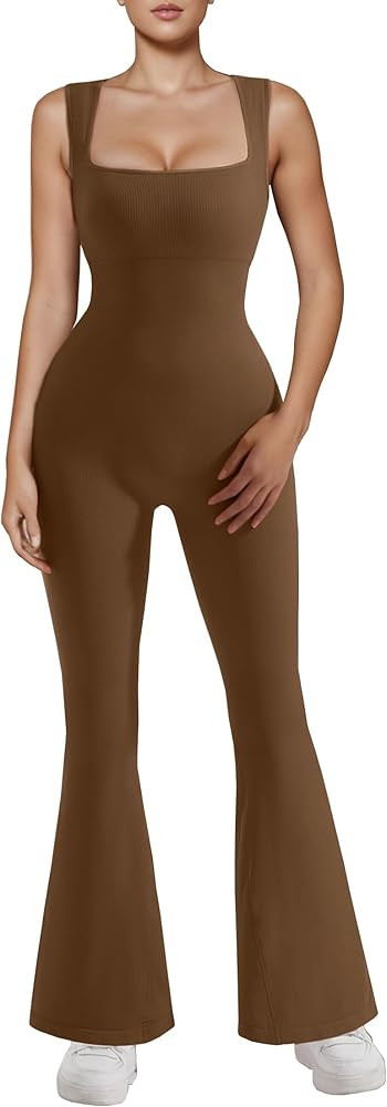RXRXCOCO Ribbed Flare Jumpsuits for Women Strappy Square Neck Bodycon Romper Seamless Casual Yoga... | Amazon (US)