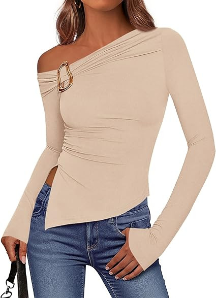 BTFBM Off The Shoulder Tops for Women Trendy 2025 Asymmetrical Long Sleeve Fitted Fall Going Out ... | Amazon (US)