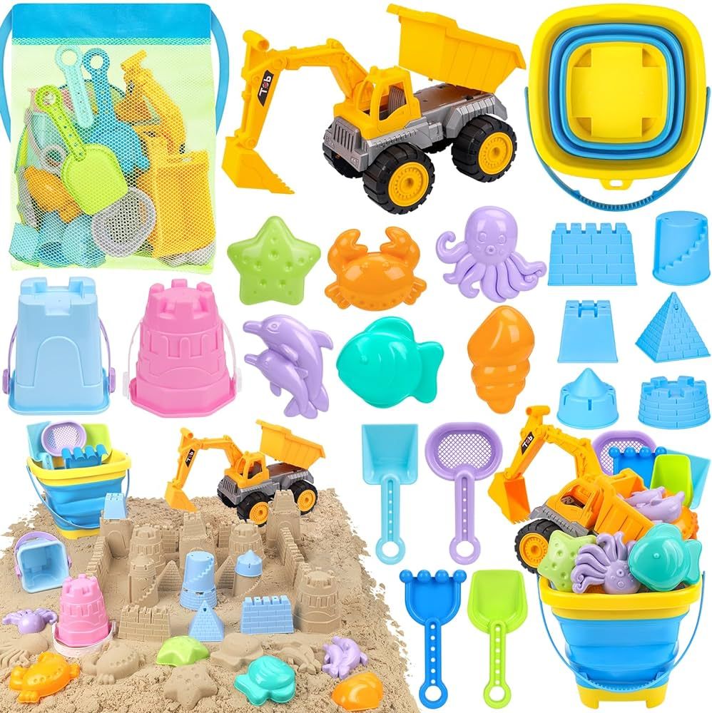 Beach Toys, 21Pcs Sand Toys, Sandbox Toys with 2 in 1 Beach Truck, Collapsible Sand Bucket, Sand ... | Amazon (US)