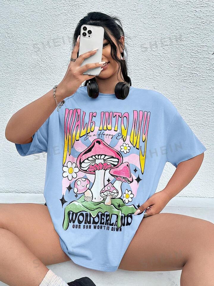 SHEIN EZwear Plus Mushroom & Slogan Graphic Drop Shoulder Tee | SHEIN