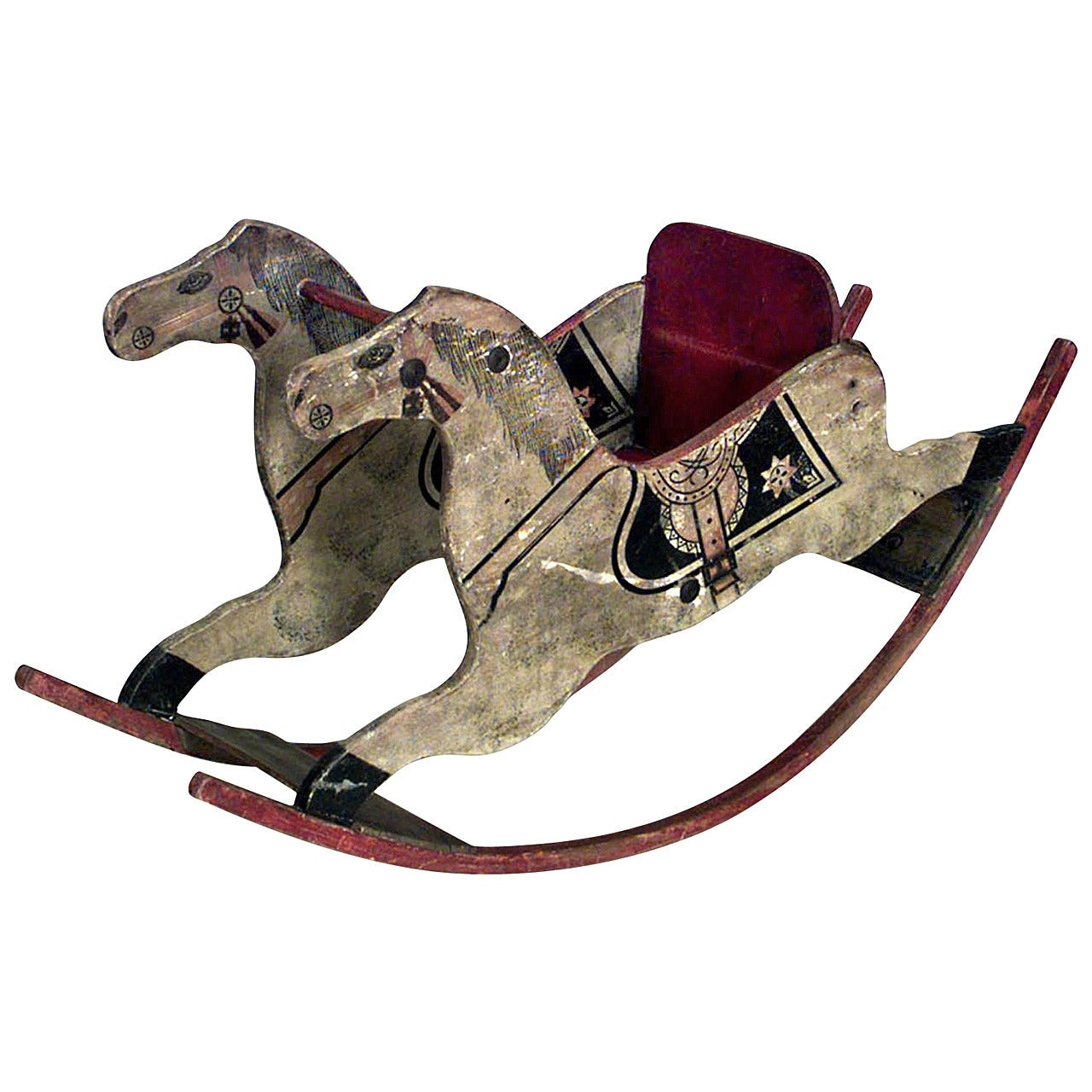 American Country Painted and Carved Wooden Rocking Horse | 1stDibs