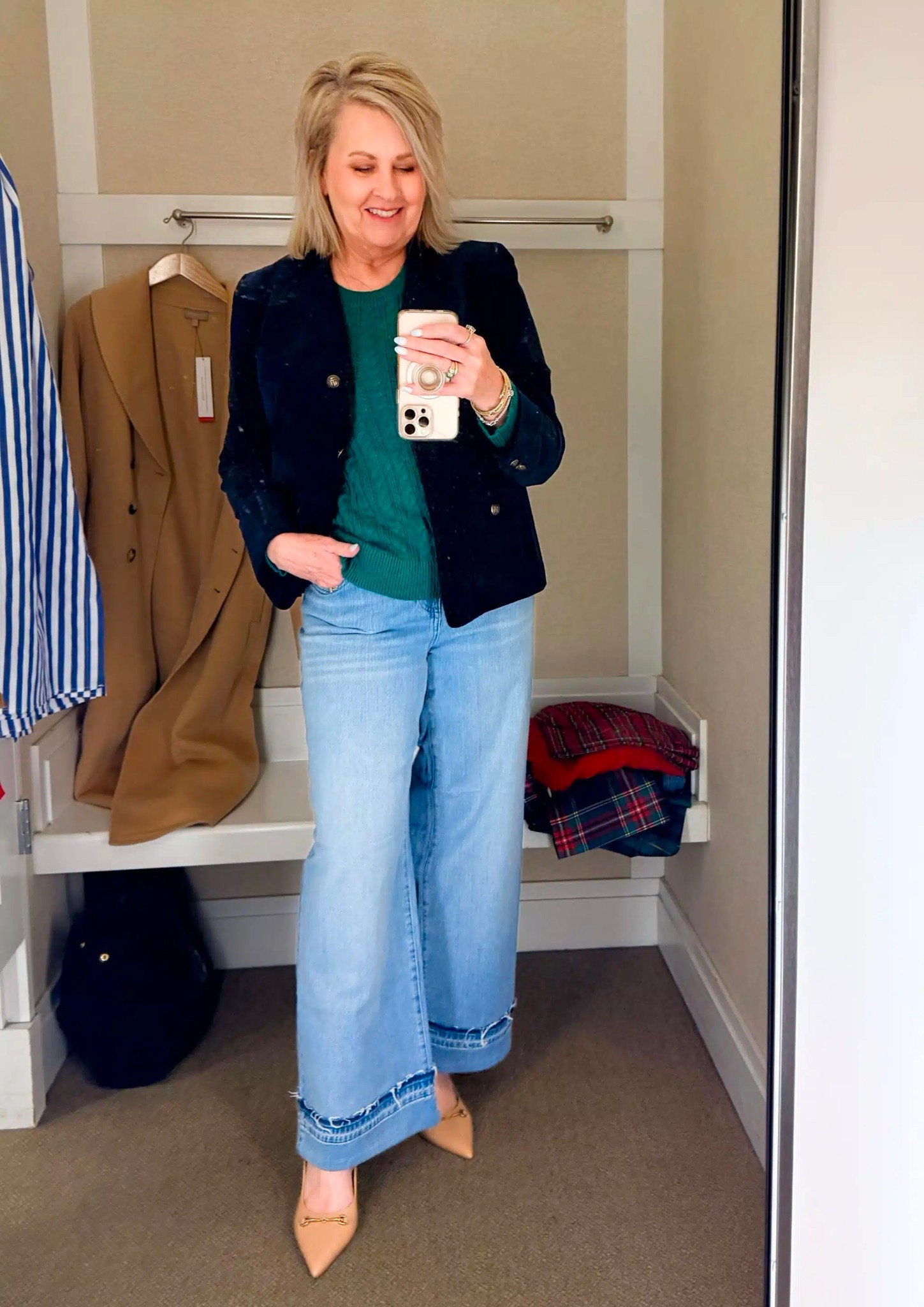 Casual holiday outfit idea from Talbots! This blue velveteen blazer is a great staple piece for the winter season. I’m wearing a size 10 jacket, medium green sweater and size 8 in the jeans. 

#LTKHoliday #LTKWorkwear #LTKCyberWeek