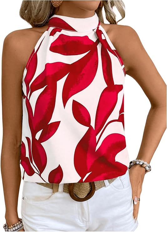SweatyRocks Women's Boho Printed Halter Top Tie Mock Neck Sleeveless Blouses | Amazon (US)