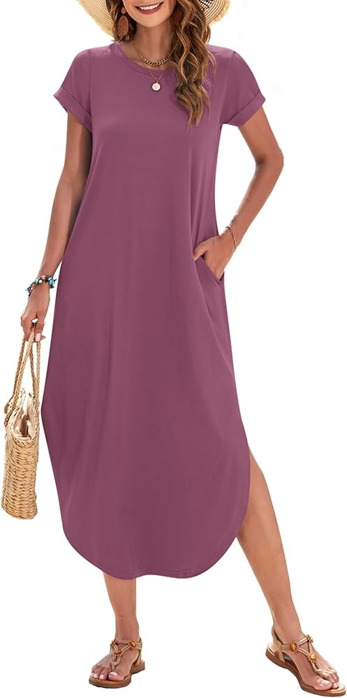 WNEEDU Womens Summer Dresses Casual Loose Short Sleeve Long T Shirt Dress Split Maxi Beach Sundre... | Amazon (US)