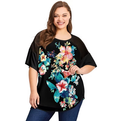 Avenue Mixed Media Floral Print Top - 16, Black Multi Bouquet | Target
