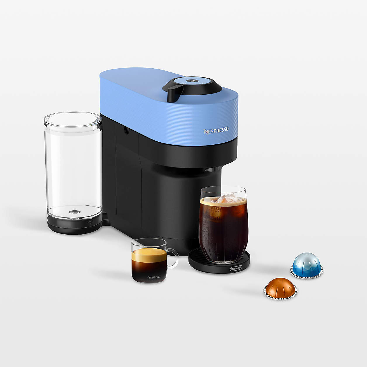 Nespresso by De'Longhi Vertuo Pop+ Pacific Blue Espresso Machine + Reviews | Crate & Barrel | Crate & Barrel