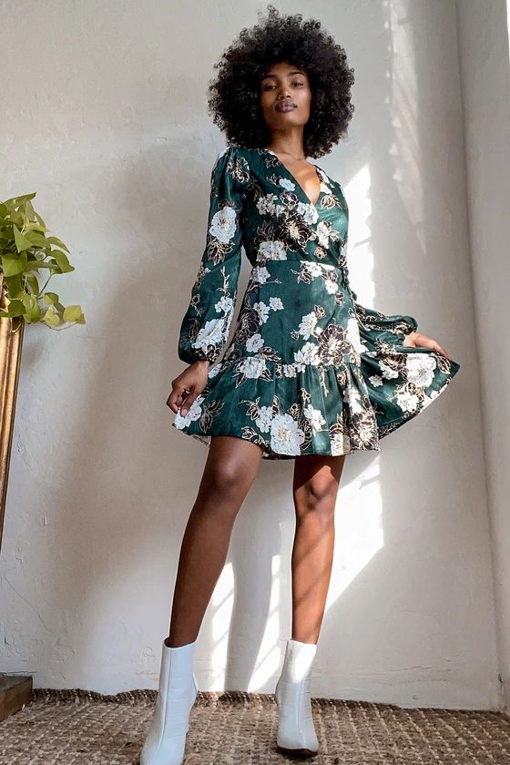 So Splendid Dark Green Floral Satin Long Sleeve Wrap Dress | Lulus (US)