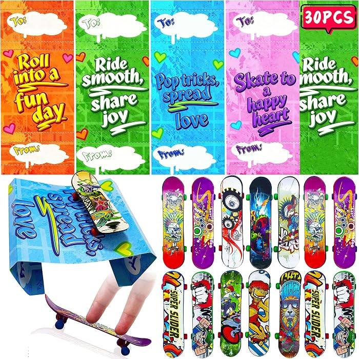 30 Packs Finger Skateboards Valentines Day Cards for Kids School Classroom Valentine Exchange Gif... | Amazon (US)