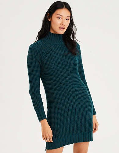 AE Waffle Mock Neck Sweater Dress, Teal | American Eagle Outfitters (US & CA)