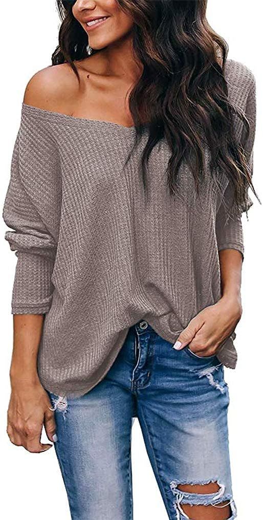 LuckyMore Women's Casual Off Shoulder Tops V Neck Waffle Knit Shirt Batwing Sleeve Loose Pullover... | Amazon (US)