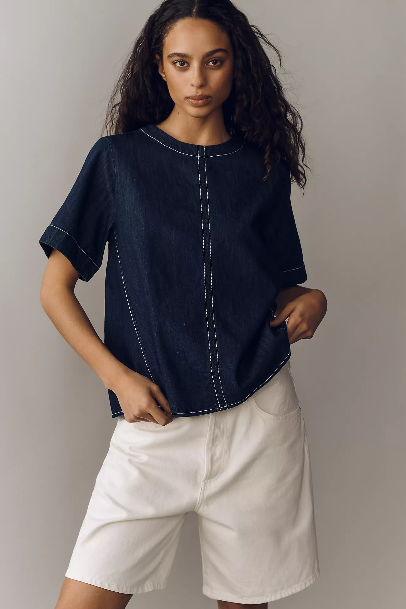 Emmy Denim Short-Sleeve Swing Blouse by Maeve | Anthropologie (US)