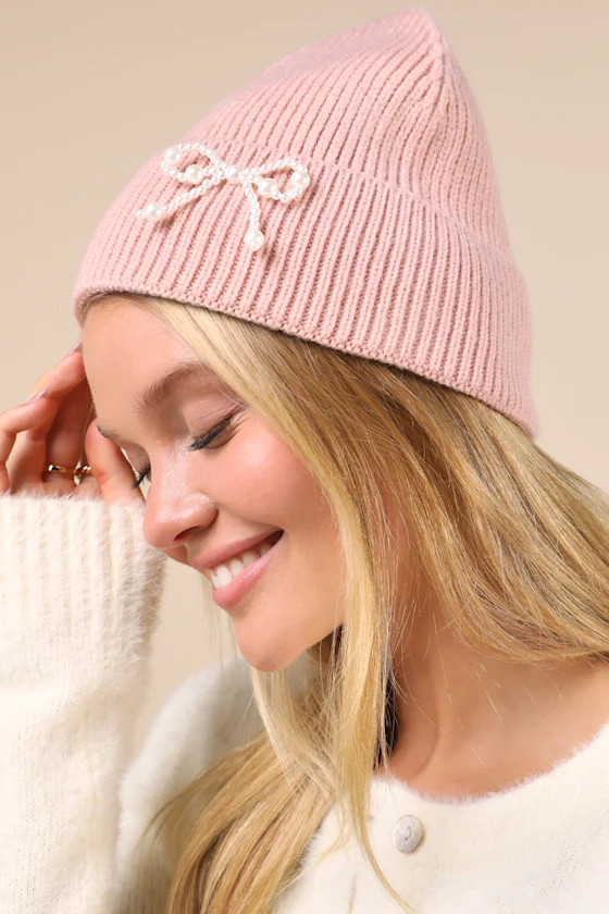 Aspen Sweetie Light Pink Pearl Bow Beanie | Lulus