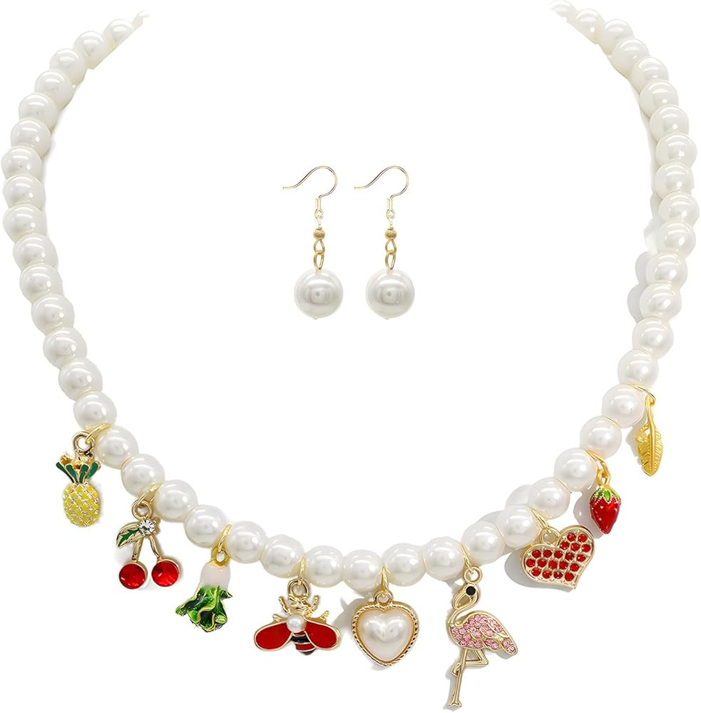 JNF Crystal Rhinestone Pearl Choker Necklace And Earrings Set Cubic Zirconia Diamond Statement Ne... | Amazon (US)