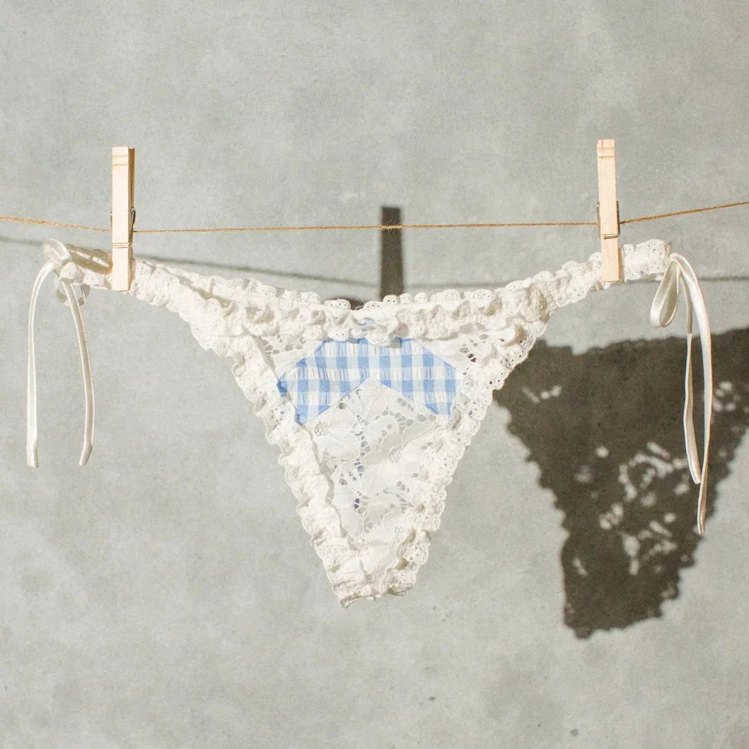 Gingham & Eyelet Ruffle Thong - Blue | Mentionables