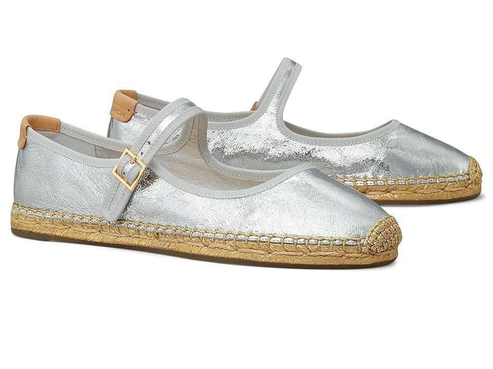 Tory Burch Mary Jane Espadrille Women's Flat Shoes Silver/Gray/Natural : 7.5 M, Leather | Zappos