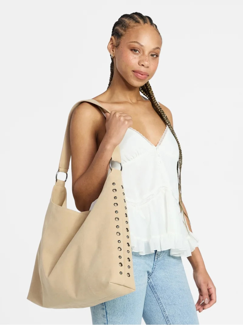 No Boundaries Women's Faux Suede Studded Moto Hobo Bag, Beige | Walmart (US)