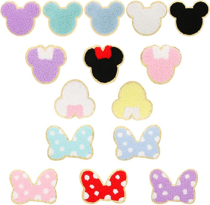 15 PCS Colorful Bowknot Mouse Chenille Iron on Patches, UHOMENY Cute Bow Mouse Head Embroidered P... | Amazon (US)