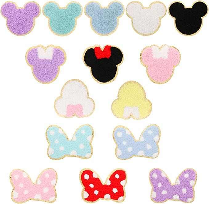 15 PCS Colorful Bowknot Mouse Chenille Iron on Patches, UHOMENY Cute Bow Mouse Head Embroidered P... | Amazon (US)