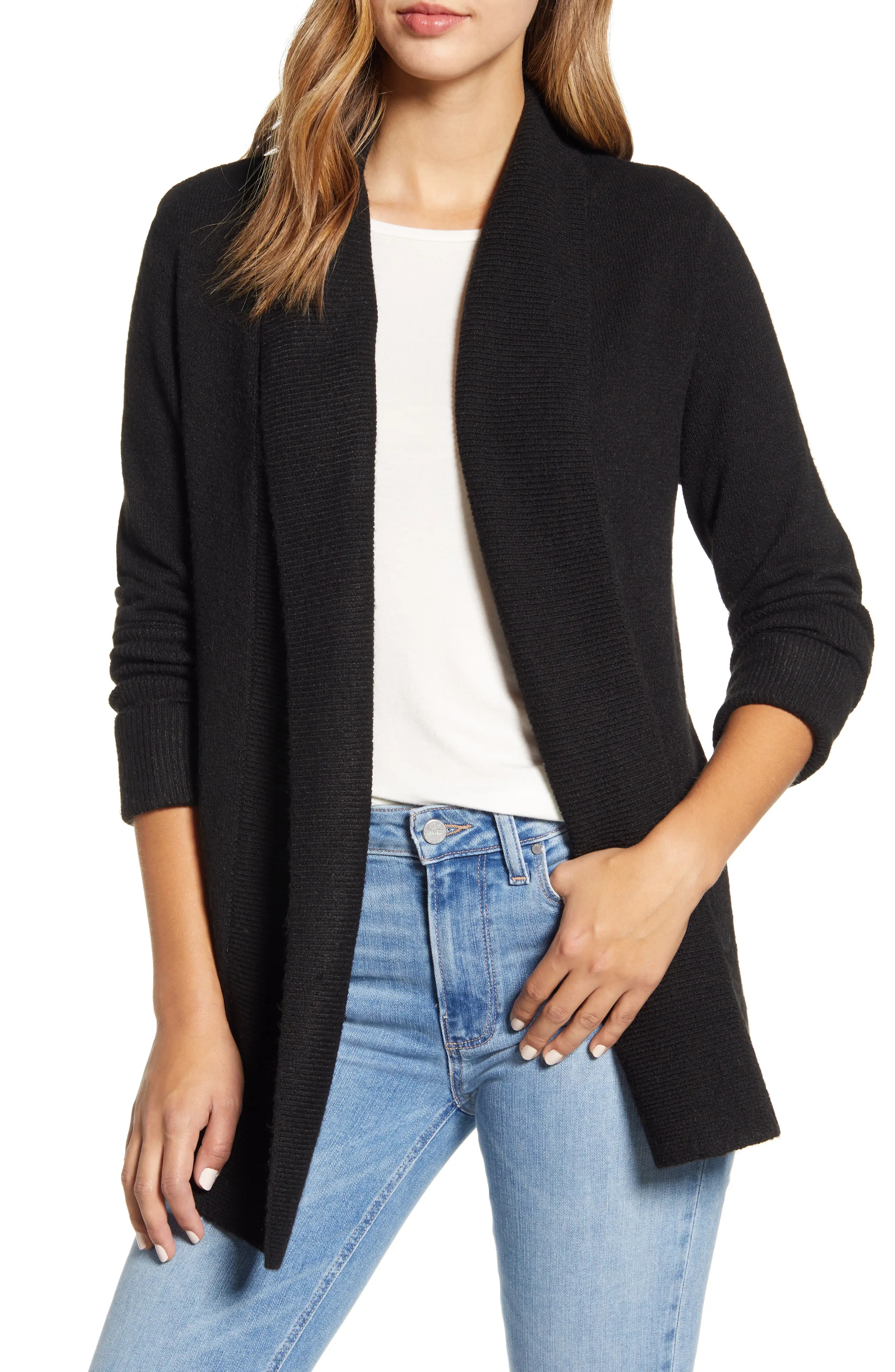 Women's Wit & Wisdom Roll Cuff Cardigan, Size Medium - Black (Nordstrom Exclusive) | Nordstrom