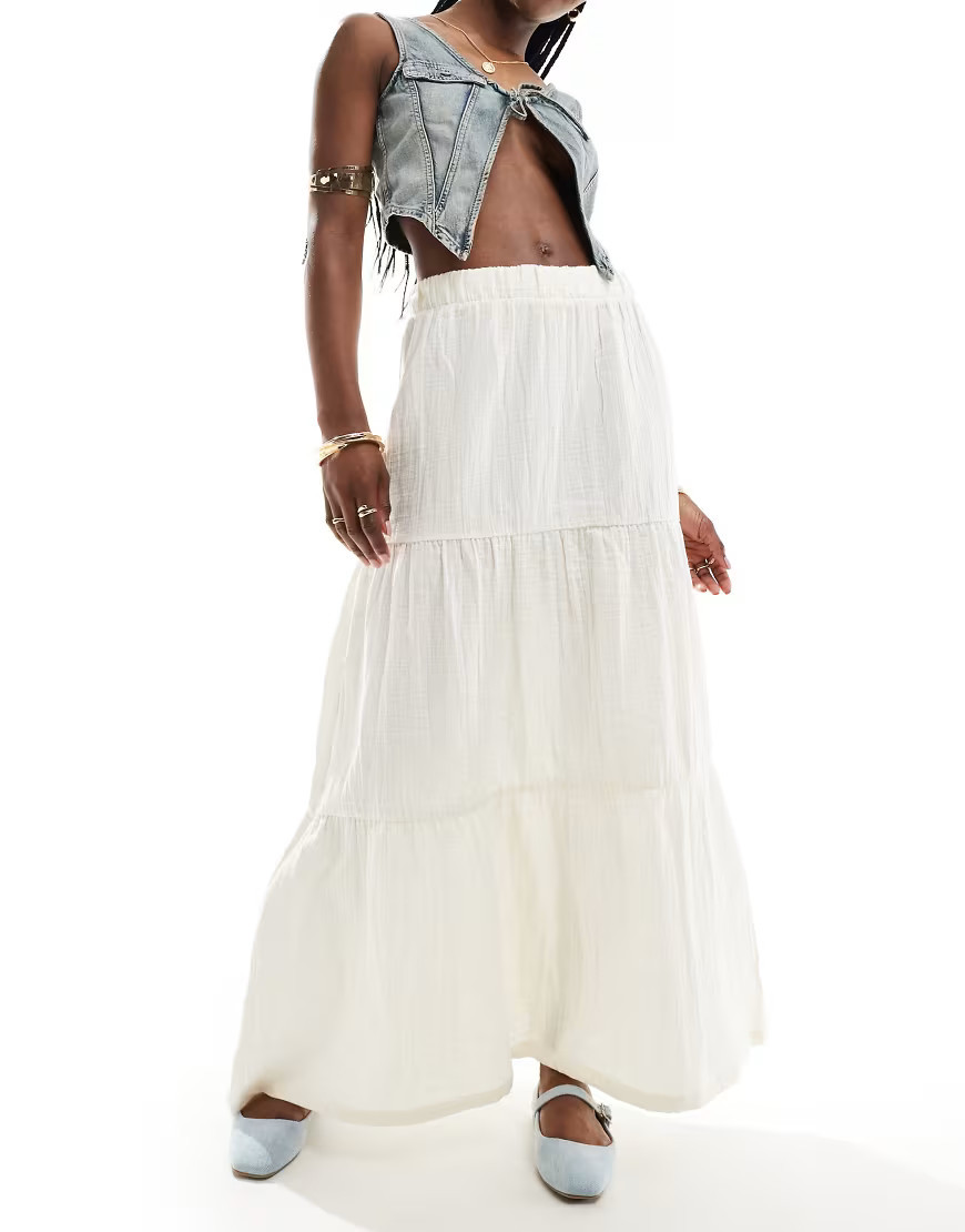 Pieces boho tiered maxi skirt in white | ASOS (Global)