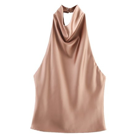 Yigetop Satin Halter Tops for Women Ladies Fashionable Casual Texture Hanging Neck Vest Top Dressy Halter Tops for Women Gold XS | Walmart (US)