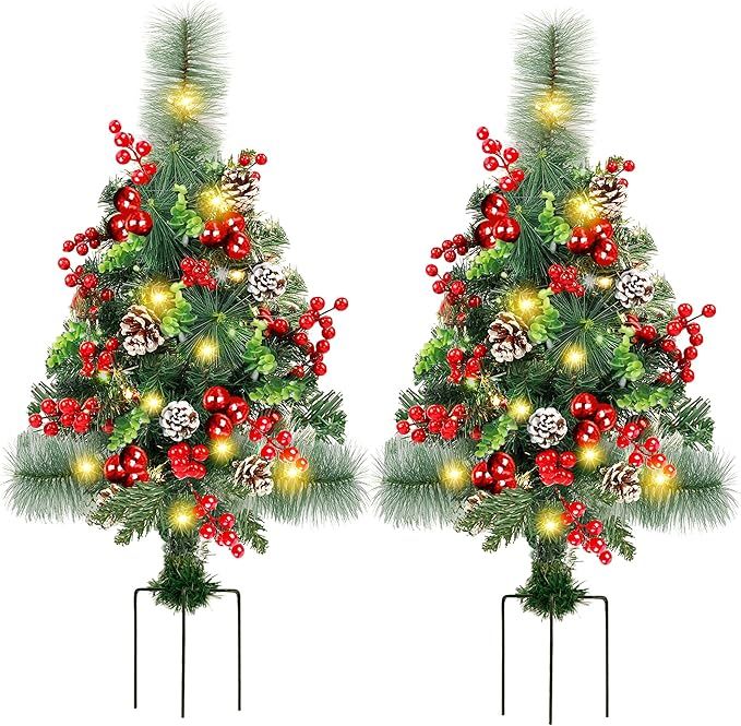 GUOOU Set of 2 30 Inch Pre-Lit Pathway Christmas Trees, Outdoor Christmas Tree Decorations for Po... | Amazon (US)