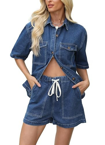 EZAPINE Denim Set for Women 2 Piece Button Down Shirt High Waist Denim Short Set Summer Jean Matching Sets | Amazon (US)