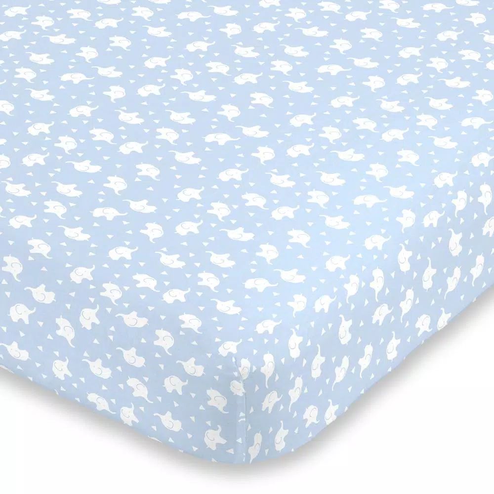 Super Soft Blue and White Elephant Polyester Fitted Crib Sheet | The Home Depot