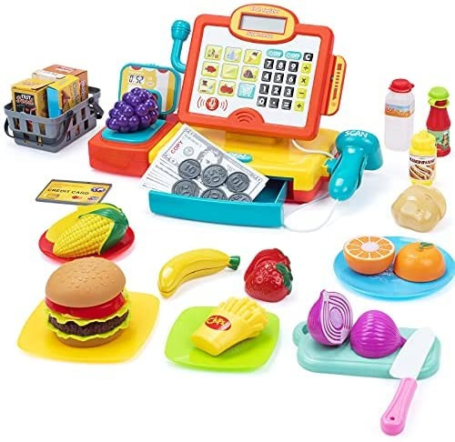 SUPERHIGH Kids Cash Register Toy with Cuttable Food, Scaner, Microphone, Play Money, Calculator C... | Amazon (US)