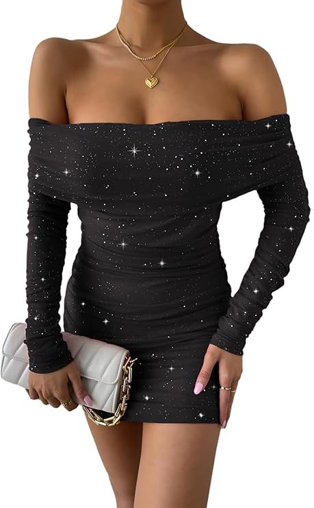 Joyfunear Women's Sexy Sparkly Glitter Off The Shoulder Long Sleeve Bodycon Ruched Cocktail Party... | Amazon (US)