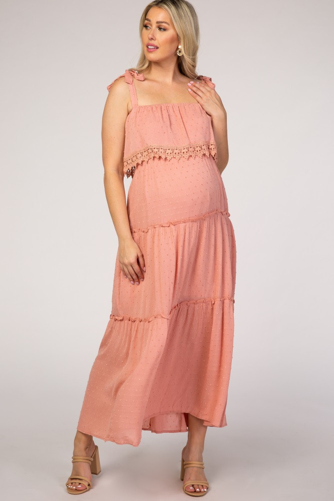 White Swiss Dot Tiered Maternity Maxi Dress | PinkBlush Maternity