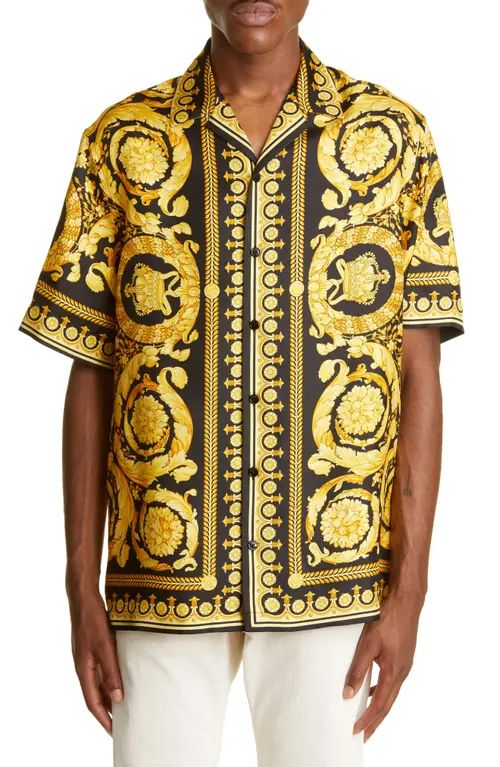 Versace Men's Barocco Print Silk Button-Up Shirt in Black/Gold at Nordstrom, Size 38 Us | Nordstrom