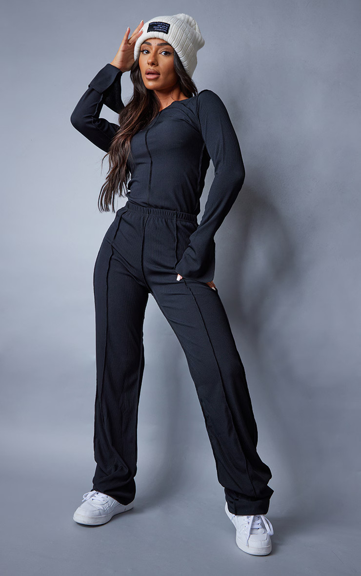 Petite Black Ribbed Seam Detail High Waisted Wide Leg Pants | PrettyLittleThing US