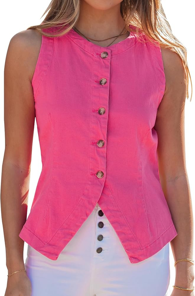 luvamia Denim Vest for Women Sleeveless Strechy Jean Vest Top Button Down Crewneck Casual Summer ... | Amazon (US)