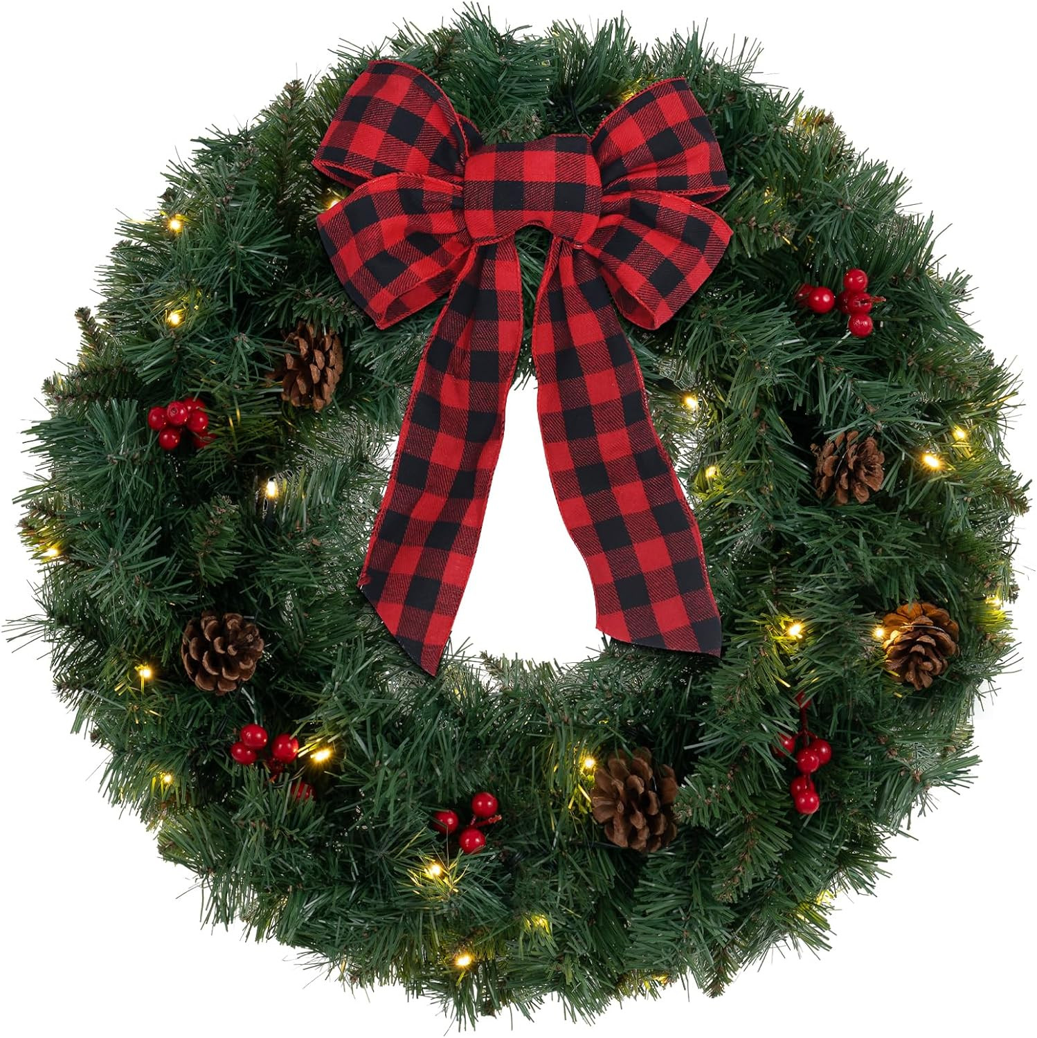 Christmas Wreath for Front Door, DEWBIN 24IN 2FT Christmas Door Wreaths, Red Berries, Pine Cones,... | Amazon (US)