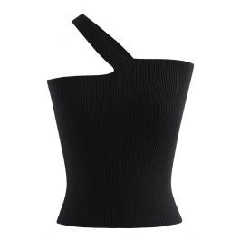 Oblique Shoulder Crop Knit Tank Top in Black | Chicwish