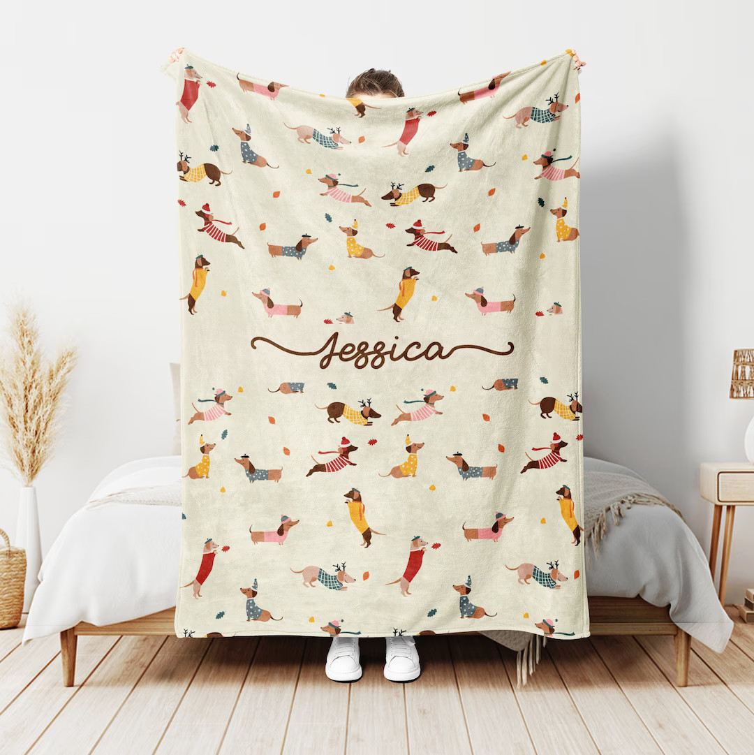 Personalized Dachshund Blanket, Doxie Fall Blanket, Custom Name Soft Cozy Sherpa Fleece Throw Bla... | Etsy (US)
