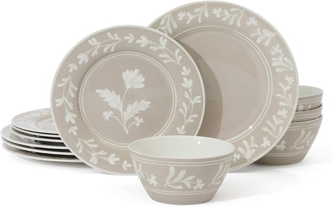 Martha Stewart Dinnerware Set - Maiden Crown 12-Piece Dish Set, Taupe – New Bone China Ceramic ... | Amazon (US)