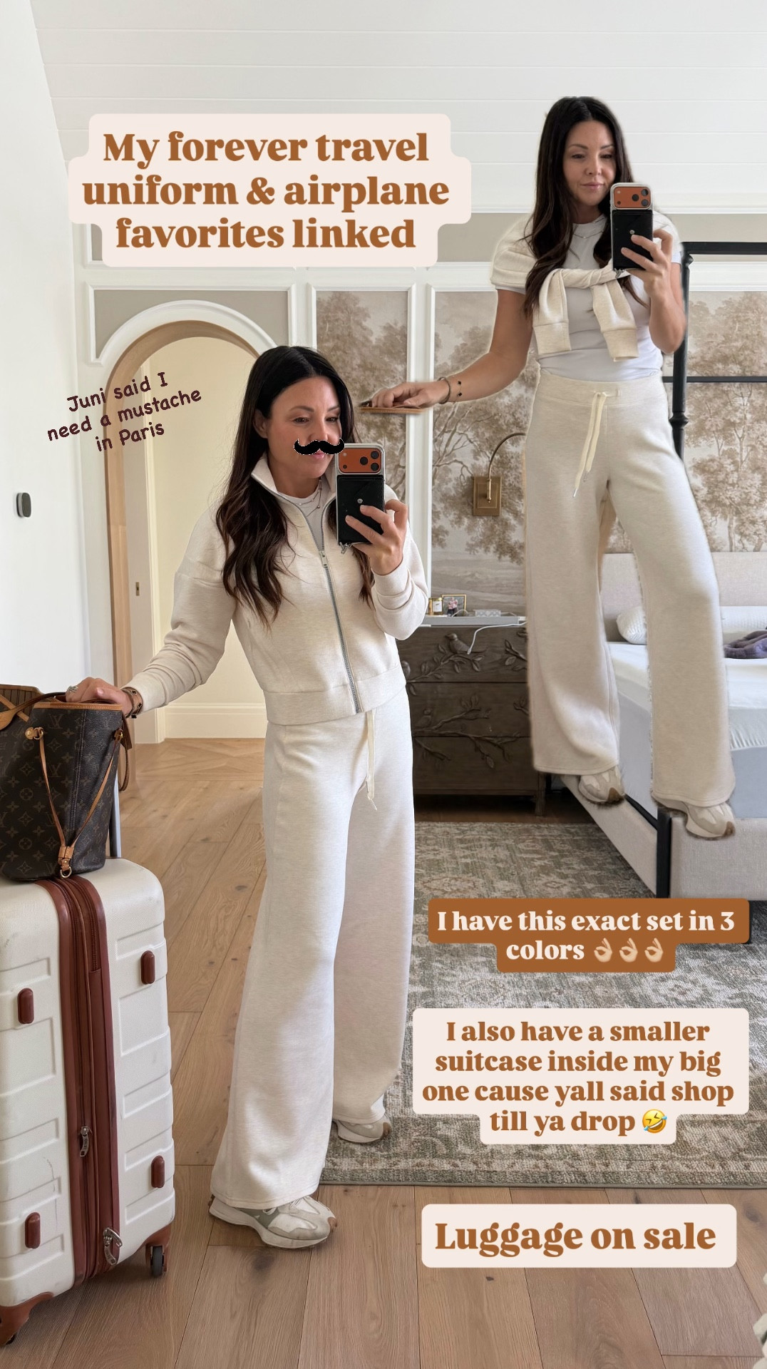 Traveling to Paris. This is my travel uniform I have in 3 colors .
My luggage is on sale and I have one stacked inside for shopping while I’m there. 
Platform sneakers that are so comfy. 
My fav face masks and eye mask that I use on long overnight flights . 

#LTKselfcare #LTKMothersDay #LTKTravel