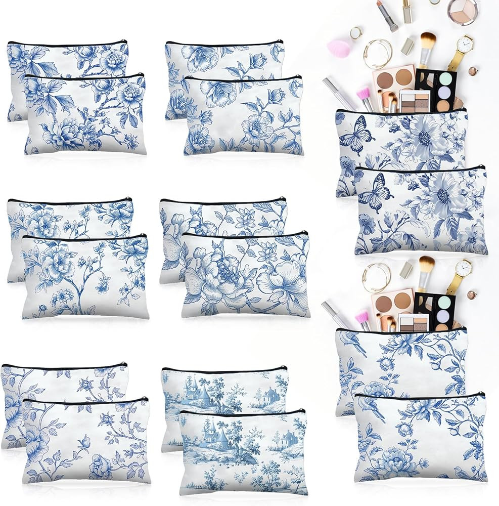 16 Pcs Floral Cosmetic Bags Bulk for Women Blue and White Floral Makeup Bags Chinoiserie Canvas T... | Amazon (US)