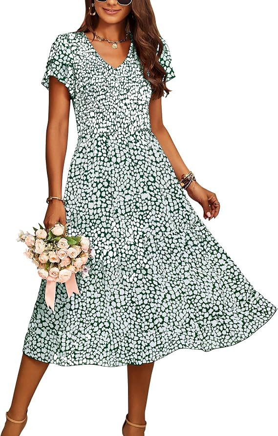 BTFBM Women Casual Summer Dresses Wedding Guest Dress | Ruffles Tiered Sleeves, Smocked,V Neck,Mi... | Amazon (US)