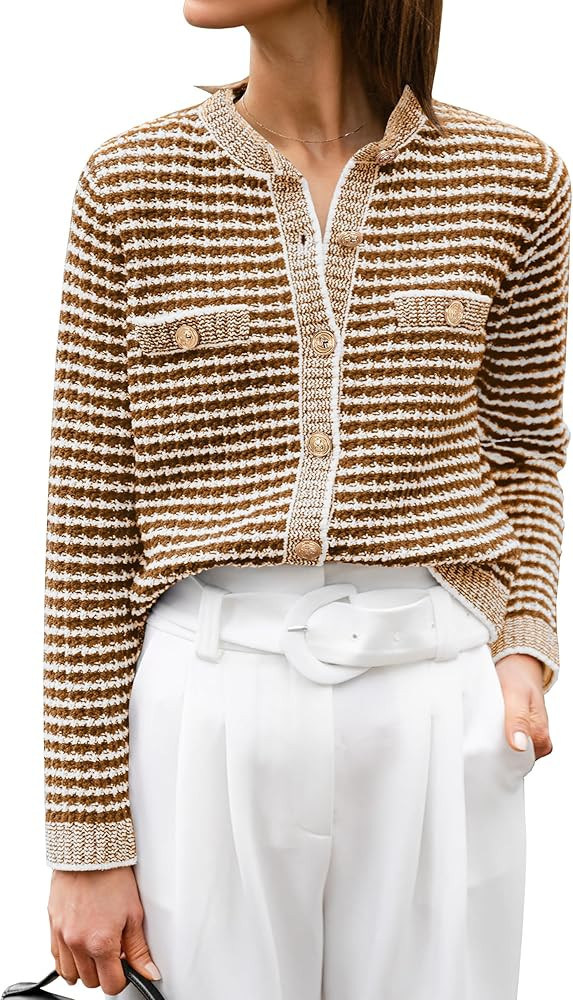 ANRABESS Women's Striped Cardigan Sweaters Casual Long Sleeve Open Front Button Down Knit Cropped... | Amazon (US)