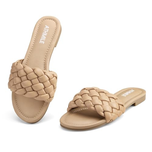 ATHMILE Braided Womens Sandals Round Open Toe Fashion Slide Sandals Women Dressy Summer Flat Beach Camel Size 9 | Amazon (US)
