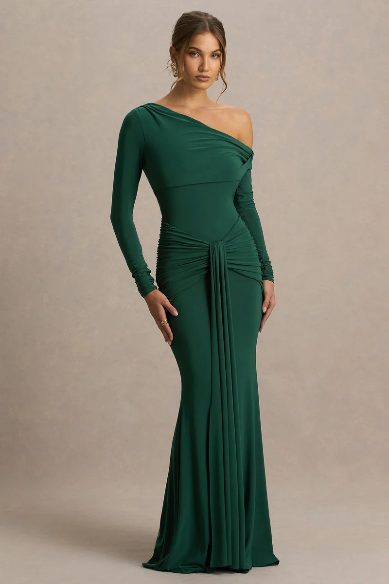 Clover | Dark Green Asymmetric-Neck Wrapped Maxi Dress With Sash | Club L London